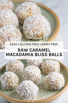 raw caramel macadamia bliss balls on a plate with text overlay that reads easy gluten free dairy free raw caramel macada bliss balls