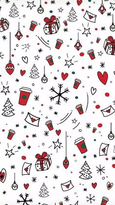 a white background with red and green christmas items on it's side, all over