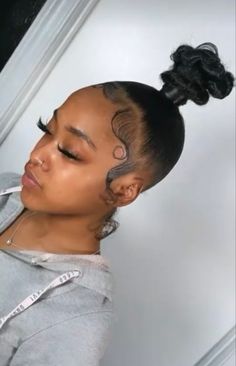 Slicked Top Knot High Bun, Slick Top Bun Natural Hair, Two High Buns With Swoop, High Curly Bun With Swoop, Slik Bun Hairstyle Black, Barbie Pony, Light Purple Hair, Pony Tails, Weave Ponytail Hairstyles