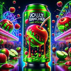 a can of jelly ranch candy apple soda surrounded by apples and ferris wheel in the background