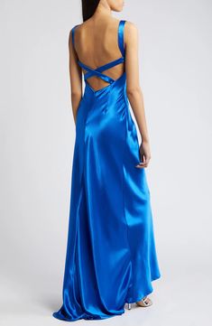 Lulus Perfectly Classy Satin Gown | Nordstrom Long Blue Silk Dress, Blue Ball Dress, Satin Gown Designs, Blue Ball Dresses, Royal Blue Satin Dress, Satin Backless Dress, Event Look, Hoco Ideas, Junior Prom