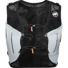 a back pack with an orange tag on the front and black straps, attached to it