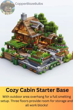 an image of a house made out of plants and trees with text that reads cozy cabin starter base