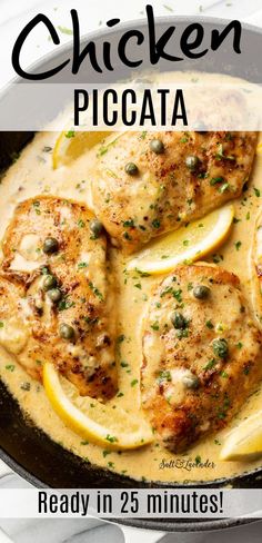 chicken piccata in a skillet with lemons and capers on the side