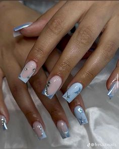 Short Light Blue Nails With Rhinestones, Grad Nails Acrylic Blue, White Silver And Blue Nails, Light Blue With Silver Nails, Nail With Crystals, Light Blue Nail Inspo Short, Light Blue Prom Nails Short, Square Nail Designs Chrome, Light Blue And White Nails Acrylic Short