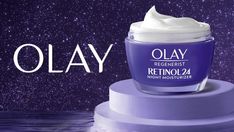 an advertisement for olay retinool 24 night moister on a purple background