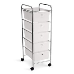 a white storage cart with five drawers and wheels on the bottom, in front of a white background