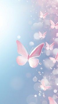 pink butterflies flying in the sky with bubbles