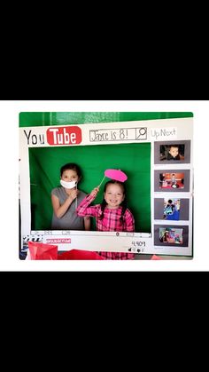 two young children wearing masks and standing in front of a green screen with the words you tube on it