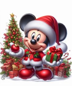 a mickey mouse with a christmas tree and presents