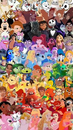 many different cartoon characters are grouped together