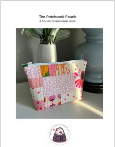 the patchwork pouch pattern is shown in front of a vase with a potted plant