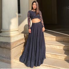 Navy Blue Crop Top Outfit, Crop Top With Lehenga, Lehenga Simple, Long Skirt Top Designs, डिजाइनर कपड़े, Long Skirt And Top, Lehenga Crop Top, Lehenga Pattern, India Shopping