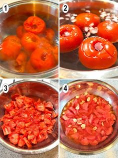 four pictures showing how to make tomatoes in the instant pressure cooker, and then adding them to the sauce