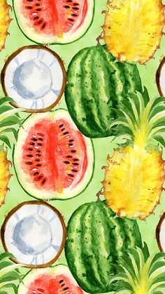 a watermelon and pineapple pattern is shown on a green background with other fruit