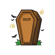 a tombstone with the word rip on it and bats flying around in the air behind it