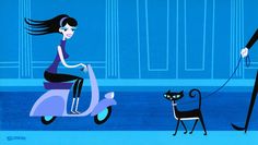 a woman riding a scooter with a black cat on a leash next to her