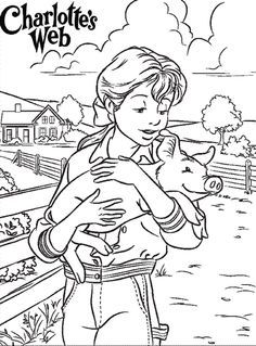 charlotte's web coloring page with a girl holding a pig in her arms and the words charlotte's web on it