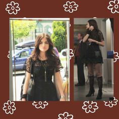 two pictures of a woman in short black dress and knee high boots with flowers on them