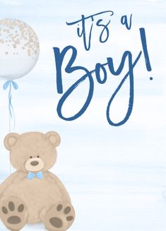 it's a boy greeting card with teddy bear and balloon in blue watercolors