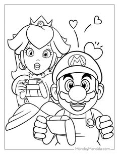 mario and princess peach coloring pages for kids to color on the page, with hearts in the background