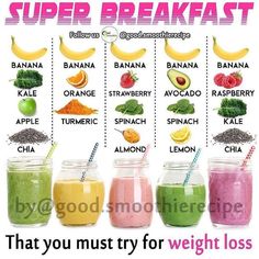 a poster with different types of smoothies in mason jars and the words super breakfast