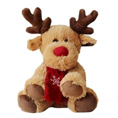 a stuffed reindeer with a red nose and antlers on it's head sitting in front of a white background