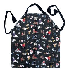 an apron with dogs all over it on the front and back, in different colors