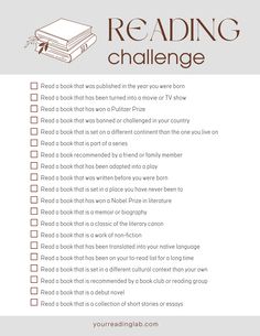 the reading challenge checklist is shown in brown and white, with an image of a book