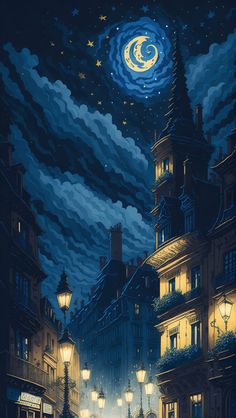 a painting of a city street at night with the moon and stars in the sky