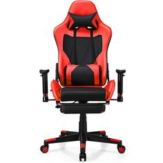 a red and black office chair with wheels on the bottom, in front of a white background