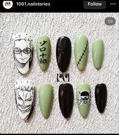 One Piece Acrylic Nails, Zoro Inspired Nails, Trafalgar Law Nail Art, Zoro One Piece Nails, Anime Theme Nails, One Piece Nails Design, Zoro Nail Art, Nail Art Designs Anime, One Piece Inspired Nails