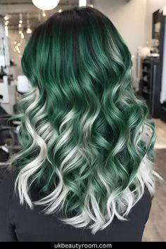 Effortlessly Sophisticated Green Hair Colors Emerald And Blonde Hair, Green And Platinum Hair, Silver Green Hair, Dark Green And Blonde Hair, Black And Mint Hair, Silver And Green Hair, Dark Green Hair Color, Dark Hair Dye Ideas, Emerald Green Hair Color