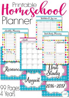 the printable homeschool planner is shown in blue, pink and white polka dots