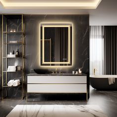 a bathroom with black marble and gold accents