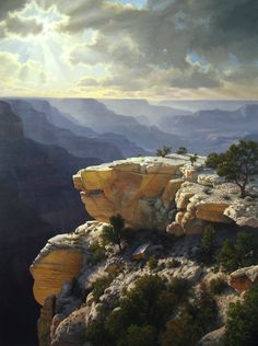 an oil painting of the grand canyon with sun rays coming through the clouds above it