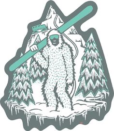 a sticker with a bigfoot holding a snowboard in front of some trees