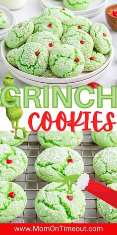 grino cookies with green frosting and sprinkles on top, in front of