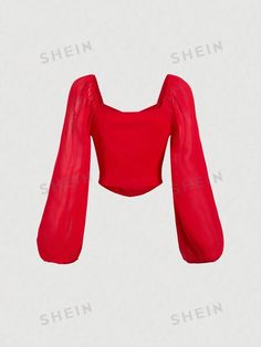 Sleeve Type:Bishop Sleeve \nStyle:Elegant \nDetails:Asymmetrical \nDetails:Contrast Mesh \nHem Shaped:Asymmetrical \nNeckline:Sweetheart \nType:Top \nColor:Red \nPattern Type:Colorblock \nPattern Type:Plain \nSleeve Length:Long Sleeve \nLength:Crop \nFit Type:Regular Fit \nFabric:Non-Stretch \nMaterial:Woven Fabric \nComposition:100% Polyester \nCare Instructions:Machine wash or professional dry clean \nSheer:Semi-Sheer \nLining:100% Polyester \n Red Outfits, Bishop Sleeve, Women Blouses, Lantern Sleeve, Crop Blouse, Sweetheart Neck, Sheer Blouse