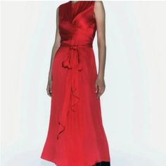 New With Tag Red Sleeveless Silk Midi Dress, Red Ruched Maxi Dress For Gala, Red Ruched Dress For Gala, Red Ruched Gala Dress, Red Silk A-line Midi Dress, Red Ruched Midi Dress For Formal Occasions, Formal Red Ruched Midi Dress, Chic Red Ruched Maxi Dress, Chic Red Ruched Midi Dress