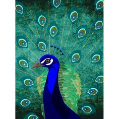 a painting of a blue peacock with feathers on it's head and green background