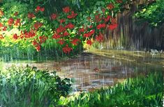 an oil painting of red flowers in the rain on a green field with water and grass