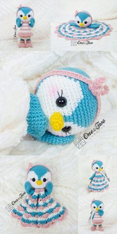 crocheted penguin doll with matching hat and dress made to look like an amigurt