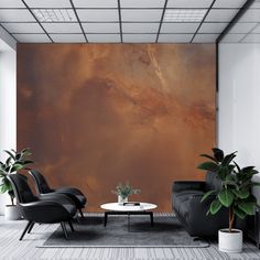 a living room with two black chairs and a white coffee table in front of an orange wall