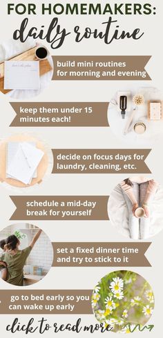 a poster with the words, tips for homemakers daily routine on it's side