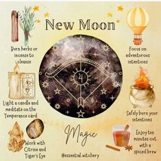 a poster with the words new moon written in different languages, including symbols and other things