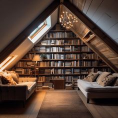 an attic living room with bookshelves and couches