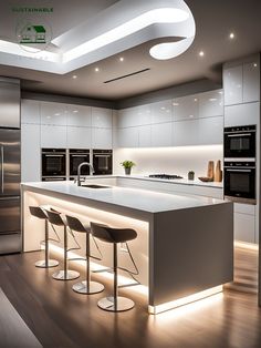 a modern kitchen with white cabinets and bar stools in the center, along with stainless steel appliances