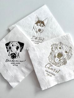 three personalized dog napkins with dogs on them are sitting next to each other