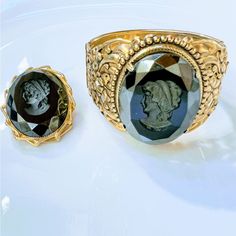 Offering This Outstanding 1940's Victorian Intaglio French Gold Plated Over Brass Gothic Revival Black Glass Cameo Mourning Large Clamp Bracelet Cuff And Matching Brooch/Scarf Pin. Excellent Condition! The Cuff Is Huge And Very Well Made! Statement / Collectors Items! Both Are Made With A Base Metal Of Warm Brass With Gold Plating Designed In Repousse Wild Roses And Leaves. The Hand Carved Cameo Is Made Of Faceted Smooth Glass Layered With Carved Satin Glass. Clamp Bracelet, Brooch Scarf, Black Cameo, Gothic Revival, Large Bracelet, Scarf Pin, Bracelet Cuff, Plate Design, Wild Roses